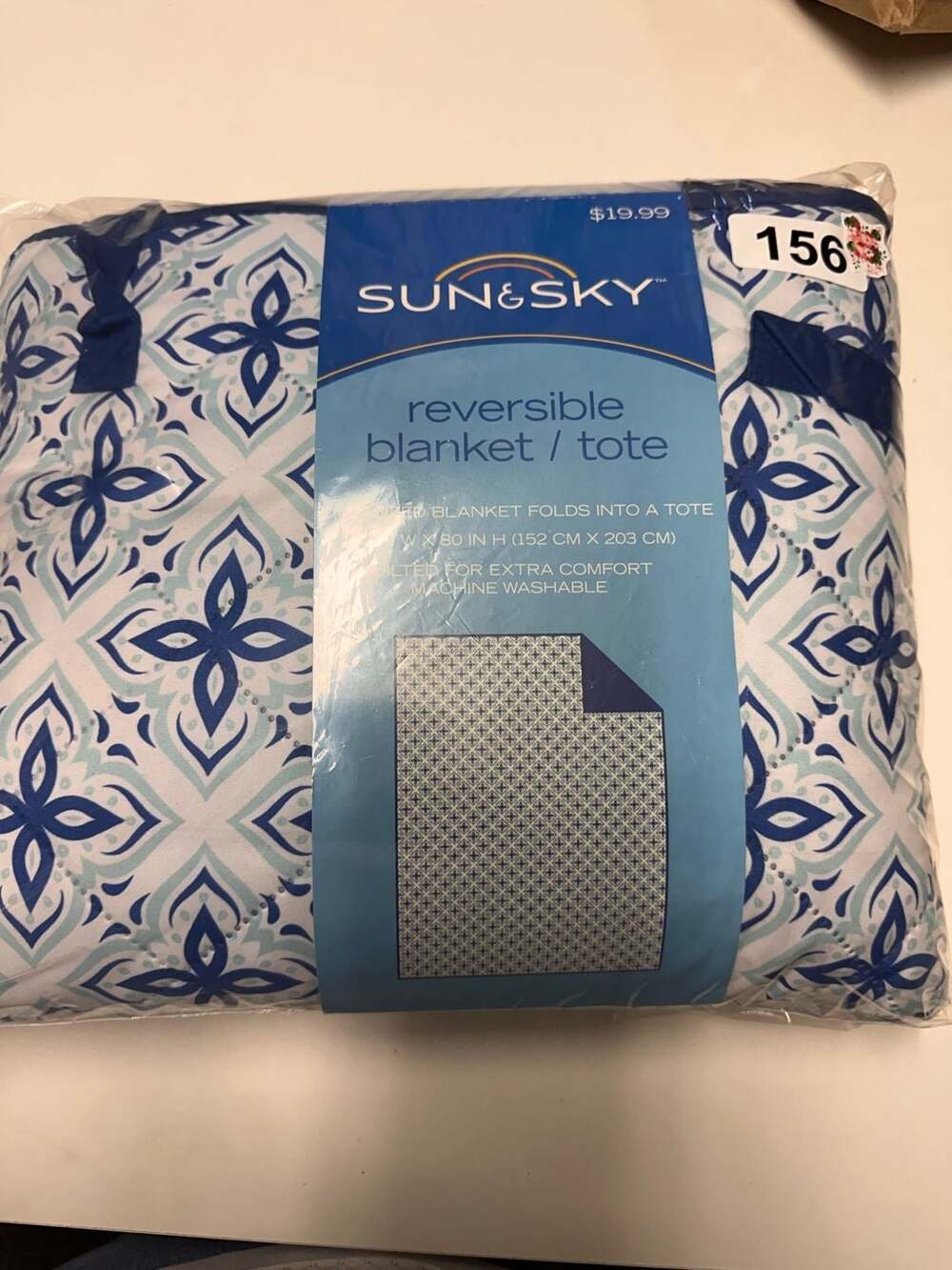 Sun & Sky Reversible Blanket Tote 60 in W x 80 in H Blue White Quilted